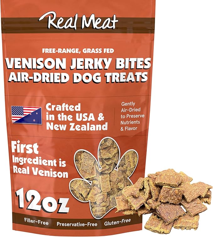 Real Meat Dog Treats - 12oz Bag of Bite-Sized Air-Dried Venison Jerky for Dogs - Grain-Free Jerky Dog Treats Made up of 95% Human-Grade, Free-Range, Grass Fed Venison - Natural High Protein Dog Treats