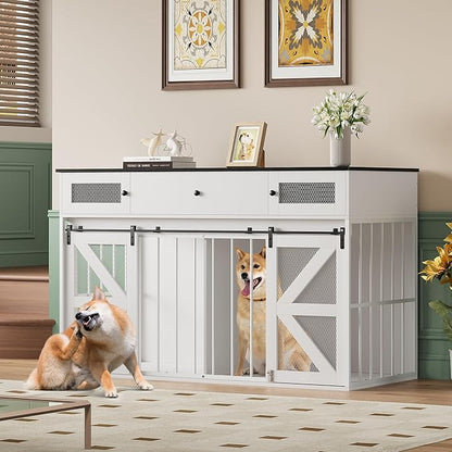 YITAHOME 60" Wooden Dog Crate Furniture with Removable Divider, Large Dog Kennel with Drawers, Double Doors & Locks Design, Dog Crate Furniture TV Stand for Medium Large Dogs
