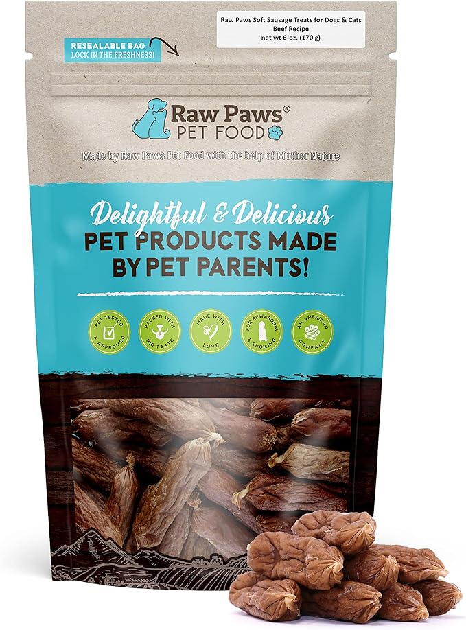 Raw Paws Grain-Free Soft Sausage Treats for Dogs & Cats - Beef Recipe, 6-oz - Beef Sausage Dog Treats, USA Real Beef Dog Treats  Grain-Free Cat Sausage Links, Dog Sausage Links - Puppy Sausage Treats