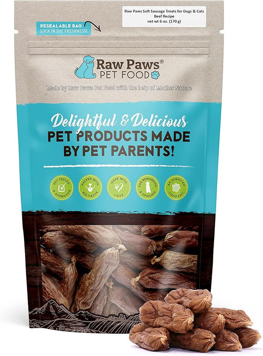 Raw Paws Grain-Free Soft Sausage Treats for Dogs & Cats - Beef Recipe, 6-oz - Beef Sausage Dog Treats, USA Real Beef Dog Treats  Grain-Free Cat Sausage Links, Dog Sausage Links - Puppy Sausage Treats
