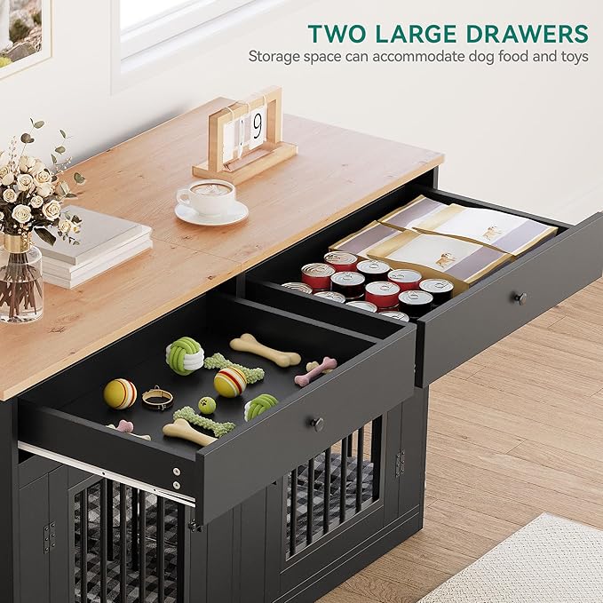 YITAHOME 60" Wooden Dog Crate Furniture with Removable Divider & Storage Drawers, Double Door Kennel with Locks for Medium and Large Dogs, Multi-Functional Dog Crate End Table for Indoor use, Black