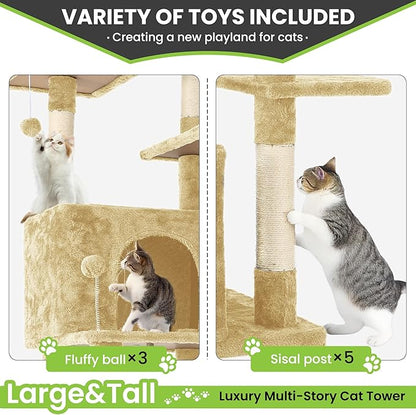 69in Large Cat Tree Tower for Indoor Cats with Soft Plush Hang Ball, Two Condos, Sisal Scratch Posts & Rope Play for Kittens/Adult Cats, Beige