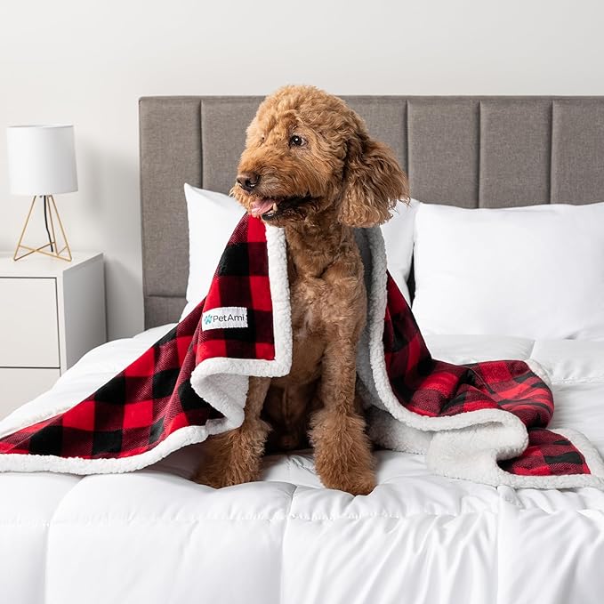 PetAmi WATERPROOFDog Blanket for Bed, XL Dog Pet Blanket Couch Cover Protection, Sherpa Fleece Leakproof Bed Blanket for Crate Kennel Sofa Furniture Protector, Reversible Soft Plush 80x60 Checker Red