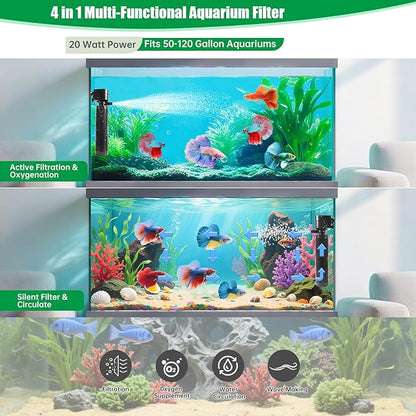 20W Submersible Aquarium Filter for 50–120 Gallon Fish Tanks, Quiet Operation Internal Pump, Energy Efficient, Easy to Install & Maintain, for Freshwater or Saltwater, Comes with Sponge Filter