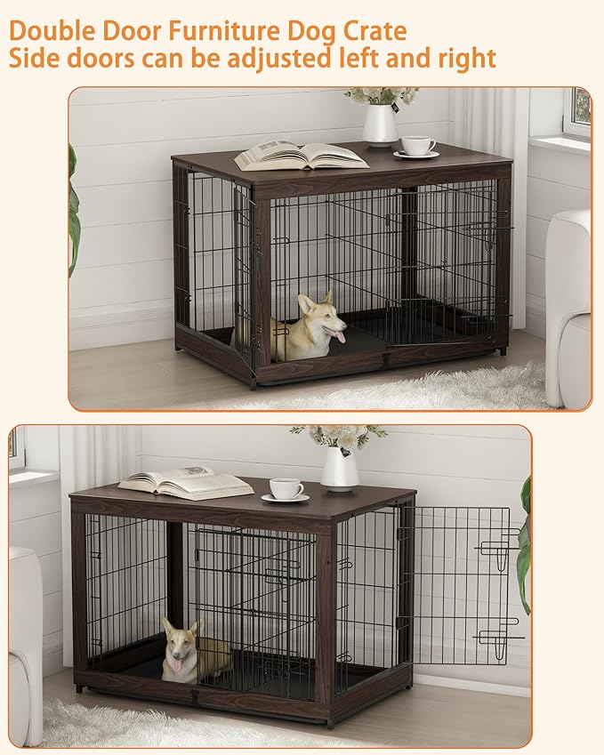 Piskyet Wooden Dog Crate Furniture with Divider Panel, Dog Crate End Table with Fixable Slide Tray, Dog Kennel Furniture, Dog Kennel Indoor for Medium Dogs(M:31.8" L*22.1" W*26.3" H,Brown Walnut)