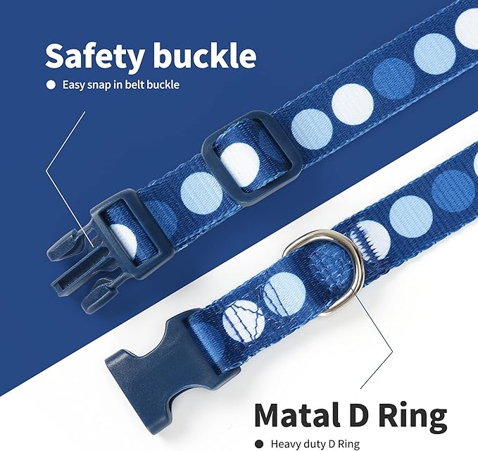 Mile High Life Dog Collar | Cute Puppy Collars | Lightweight Girl Dog Collar | Soft Boy Dog Collars | w Geometric Plaid Wave Line Pattern (Blue Dots, Small)