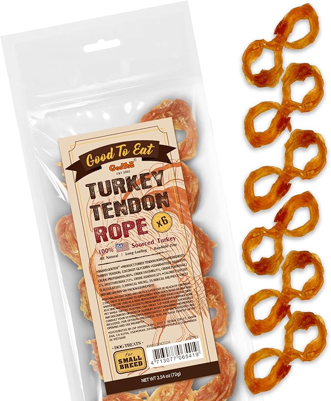 Gootoe Turkey Tendon Dog Treats, Rope (S) 6 Pieces per Pack, 100% USA Sourced Turkey, Natural Snack, Premium Puppy Chews, Hypoallergenic, Reseal Value Bags, Size for Small Dogs