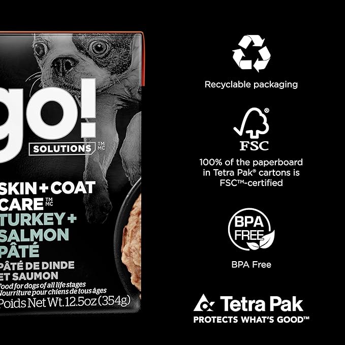 Go! Solutions Skin + Coat Care, Wet Dog Food, Turkey and Salmon Pâté with Grains Sensitive Skin, 12.5 oz