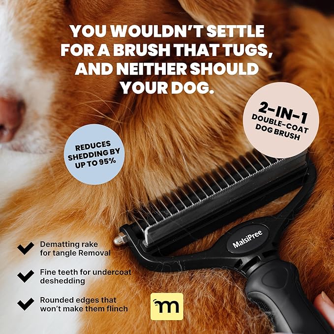 MalsiPree Dog Brush - Large, Black - 2-in-1 Undercoat Rake & Dematting Rake - Shedding Brush & Deshedding Tool for medium to Large Double-Coated Dogs & Cats