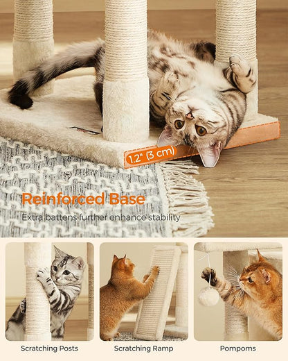 Feandrea Cat Tower, 45.3-Inch Cat Condo with Scratching Post, Ramp, Perch, Spacious Cat Cave, for Kittens, Elderly Cats, Adult Cats, Small Space, Beige UPCT141M01