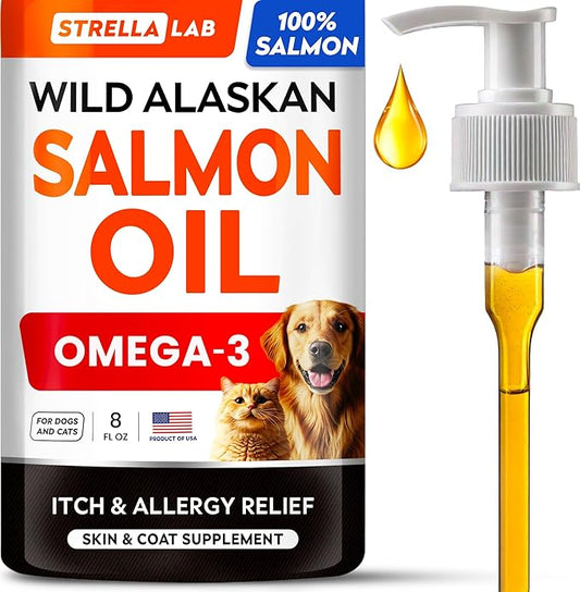 StrellaLab Wild Alaskan Salmon Oil for Dogs - Natural Omega 3 for Dogs & Cats, Itch & Allergy Relief, Skin & Coat Support - Fish Oil Liquid, EPA+DHA Fatty Acids for Hip&Joint, Immune&Heart Health 8 Oz