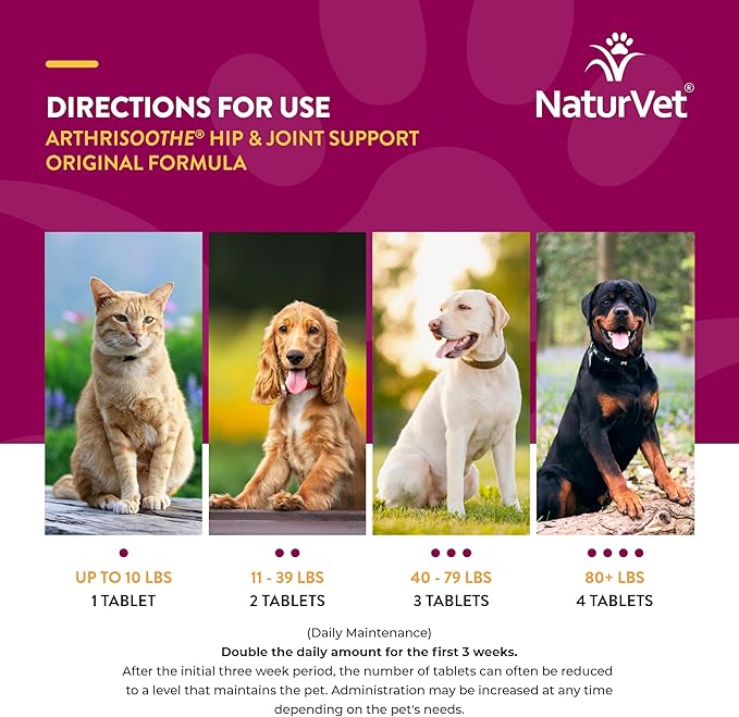 NaturVet ArthriSoothe Hip & Joint Formula Pet Supplement for Dogs & Cats  Includes Glucosamine, MSM, Chondroitin, Boswellia, Green Lipped Mussel  Supports HIPS, Joints  250 Ct.