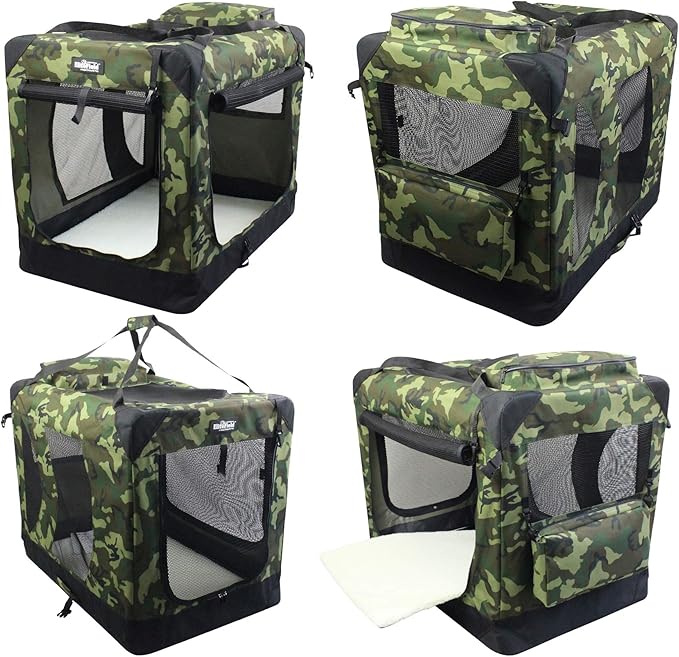 EliteField 3-Door Folding Soft Dog Crate with Carrying Bag and Fleece Bed (2 Year Warranty), Indoor & Outdoor Pet Home (24" L x 18" W x 21" H, Camo)