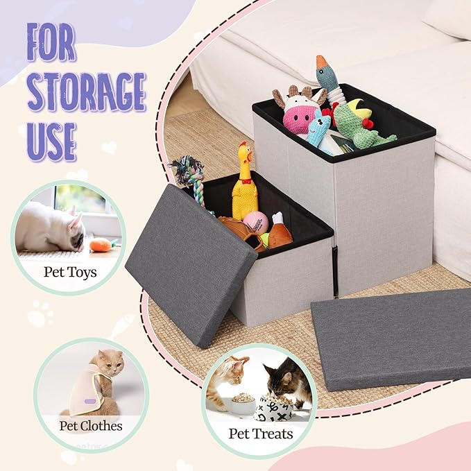 downluxe Dog Stairs for Small Dogs, Foldable Dog Steps for Bed, Sofa and Chair, Non-Slip Pet Steps with Cat Scratcher and Condo (2-Step Pet Stairs, Grey-Beige)