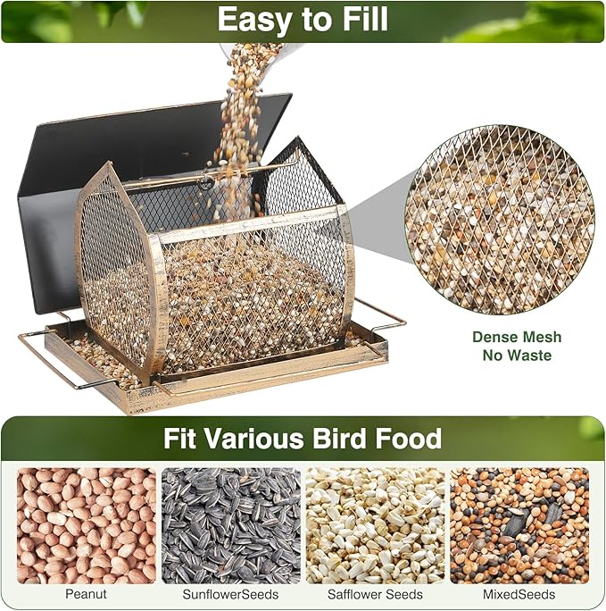 Bird Feeder for Outdoors, Wild Finch Birds Feeders Sparrow Feeder, Metal Birdfeeder Outside Hanging with Lid Fixing Buckle, 2Lbs Capacity