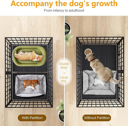 42 Inch Metal Dog Crate for Large Dogs,Heavy Duty Dog Cage Kennel Indoor with Divider Panel, Lockable Wheels, Indestructible Drop Cages for Dogs with Removable Tray, Escape Proof Locks