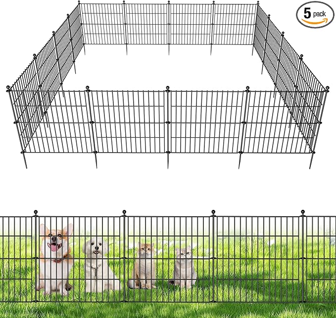 5 Panels No Dig Decorative Outdoor Garden Fence for Yard, 24 in(H) X 10 ft(L) Animal Barrier Fencing Rustproof Metal Wire Panel Border for Dog, Rabbits, and Patio Temporary Ground Stakes