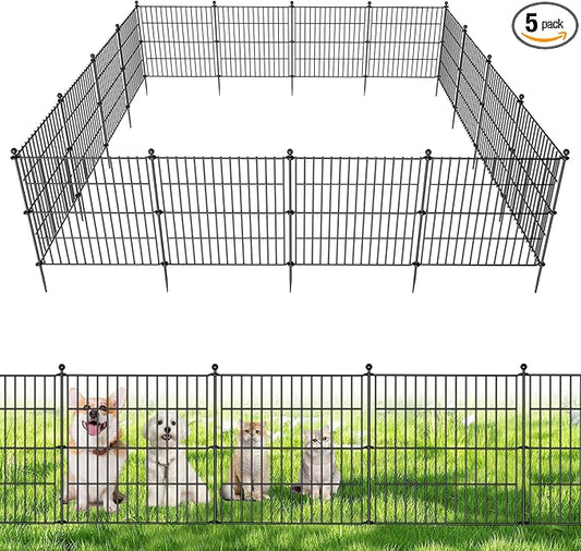 5 Panels No Dig Decorative Outdoor Garden Fence for Yard, 24 in(H) X 10 ft(L) Animal Barrier Fencing Rustproof Metal Wire Panel Border for Dog, Rabbits, and Patio Temporary Ground Stakes