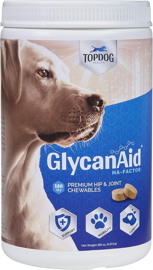TopDog Health GlycanAid HA Advanced Joint Nutrition for Dogs (150 Chewable Tablets) Made in USA with USA Ingredients: Glucosamine HCL, Chondroitin, Hyaluronic Acid, MSM