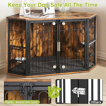 VECELO Corner Dog Crate Furniture, 43.3" Indoor Dog Kennel Indoor with Cushion & 2 Removable Trays, Wooden Dog Cage Decorative Pet House End Table for Large/Medium Dogs,Brown
