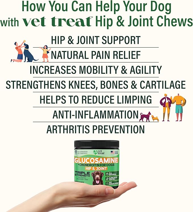 Glucosamine for Dogs  Hip & Joint Supplement with Chondroitin, MSM, Turmeric, Hemp Oil & Green Lipped Mussel  Arthritis Pain Relief, Mobility Support  Vet Formulated, USA  120 Chews