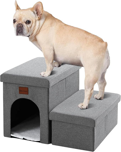 JOLLYVOGUE Dog Steps for Small Dogs, Cat Stairs with Storage, Non-Slip Dog Steps for Beds Couches, Folding Pet Stairs Helper for High Beds, Dog Ramp for Small Dogs and Cats or Pets Friendly, 2-Tiers