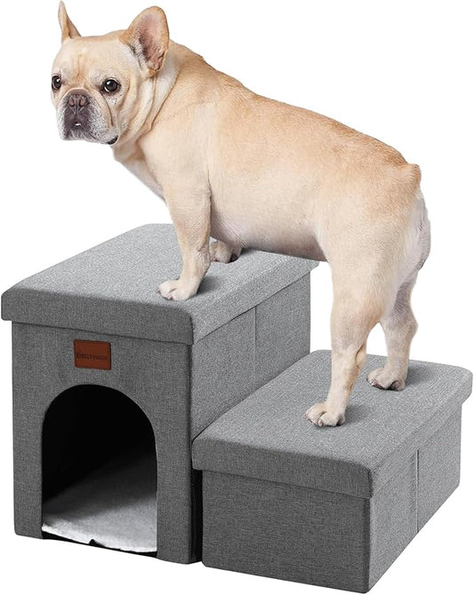 JOLLYVOGUE Dog Steps for Small Dogs, Cat Stairs with Storage, Non-Slip Dog Steps for Beds Couches, Folding Pet Stairs Helper for High Beds, Dog Ramp for Small Dogs and Cats or Pets Friendly, 2-Tiers