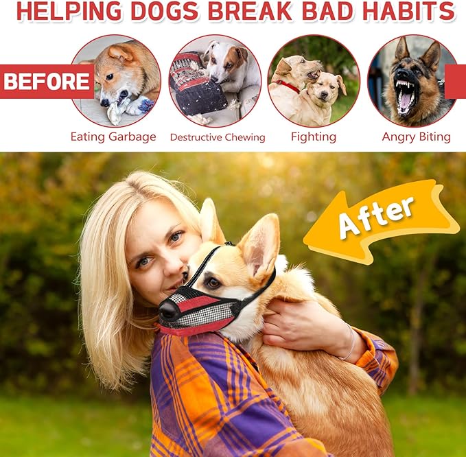 Dog Muzzle for Large Medium Small Dogs, Soft Mesh Muzzle for Dogs with Reflective Adjustable Strap, Prevent Biting Chewing and Licking, Dog Nose Open Design for Reduction Friction (Red, M)