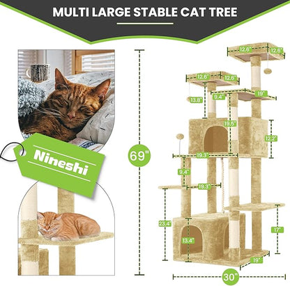 69in Large Cat Tree Tower for Indoor Cats with Soft Plush Hang Ball, Two Condos, Sisal Scratch Posts & Rope Play for Kittens/Adult Cats, Beige