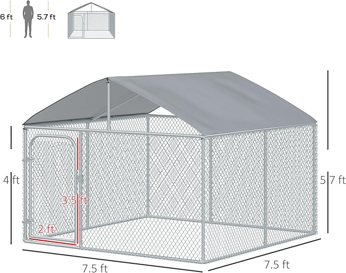 PawHut Large Dog Kennel Outside, Heavy Duty Dog Cage with Waterproof Cover, Outdoor Fence Dog Run with Galvanized Chain Link, Secure Lock, 7.5' x 7.5' x 5.6'
