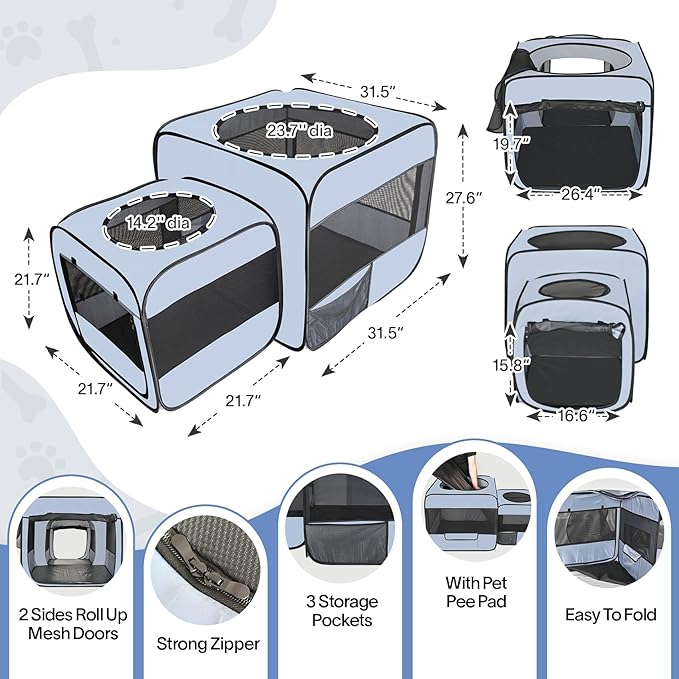 Pop up Portable Cat Playpen 2-in-1 Dog Playpen, No Assembly Need, Pet Cat Dog Tent Crates with Pet Pee Pads, Cats Enclosure for Kitten and Puppy Indoor Outdoor Use(No Divider, Unified Space)