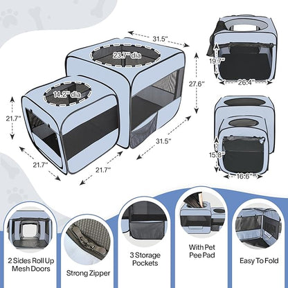 Pop up Portable Cat Playpen 2-in-1 Dog Playpen, No Assembly Need, Pet Cat Dog Tent Crates with Pet Pee Pads, Cats Enclosure for Kitten and Puppy Indoor Outdoor Use(No Divider, Unified Space)