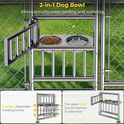 10 x 15FT Large Outdoor Dog Kennel with Bowls, Dog Kennel Outside with Waterproof Cover Roof, Galvanized Heavy Duty Chain Link Dog Runs Cage Playpen for Outside with Secure Lock