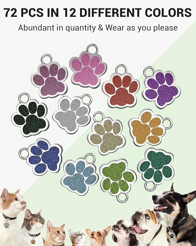 72 Pcs Dog Tags Personalized for Pets Glitter Paw Print Stainless Steel Dog Tag Cute Dog Name Tag Bulk Dog Tags Cat Tags for Wholesale ï¼12 Colorsï¼