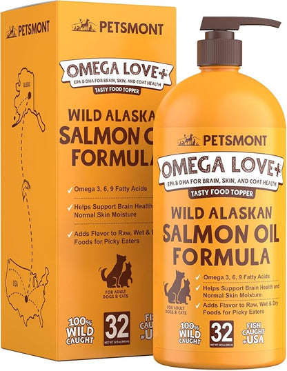 Petsmont Omega Love+ Wild Alaskan Salmon Oil for Dogs Formula 32 oz - Fish Omega Liquid Pump Cats Supports Joint Function Immune Heart Health Food Supplement Pets Natural EPA DHA Fatty Acids