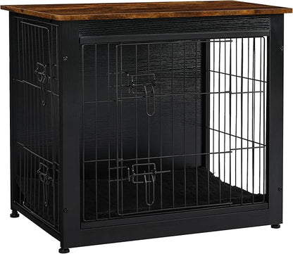 DWANTON Dog Crate Furniture with Cushion, Wooden Kennel Table with Double Doors, Indoor Dog House, Small/Medium/Large Size, 27.2" L, Black+Rustic Brown