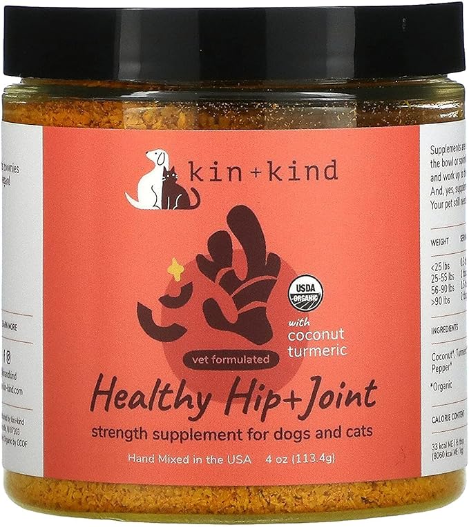kin+kind Hip+Joint Supplement Dogs & Cats - Vet Formulated Natural Formula with Organic Turmeric, Black Pepper and Coconut- Made in USA - 4 oz (Medium)