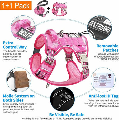 Heavy Duty Tactical Dog Harness for Medium Dogs, No Pull Adjustable Pet Harness Reflective Service Training Easy Control Pet Vest Military K9 Working Dog Harnesses- Medium, Pink Camo