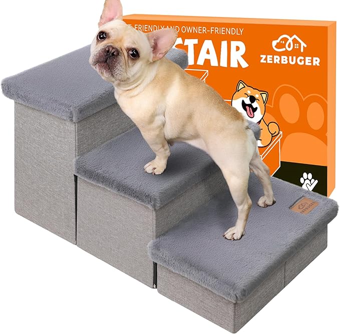 Dog Stairs with Furry Lids 17.5" H, 3-Step Wider Dog Steps with Storage for Small/Medium/Large Dogs Cats, Folding Sturdy Pet Stairs Climbing Bed or Sofa, Dog Ramp for Car Hold Up to 200 lbs, Grey
