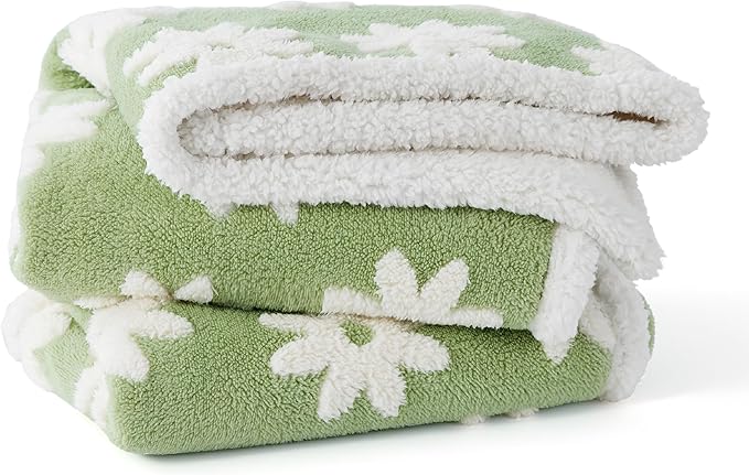 Lesure Waterproof Dog Blanket for Large Dogs - Washable Double Sided Dog Blankets with Warm Jacquard Shag and Soft Sherpa Fleece, Pet Cat Blanket for Queen Bed Protection, 3D Textured Flower, Green