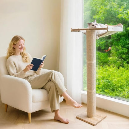 Upgraded Cat Window Perch with Scratching Post, 54.3" Adjustable Cat Tall Scratching Posts & Suction Cup – Multi-Level Perch for Climbing, Bird Watching, and Play, Supports 60 lbs (Drilling-Free)