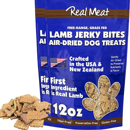 Real Meat Dog Treats - Two 12oz Bag of Bite-Sized Air-Dried Lamb Jerky for Dogs - Grain-Free Jerky Dog Treat Made up of 95% Human-Grade, Free-Range, Grass Fed Lamb - All-Natural High Protein Dog Treat