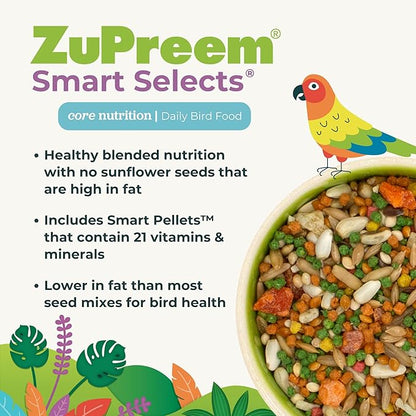 ZuPreem Smart Selects Daily Bird Food for Parakeet, Budgie, Parrotlet, Dove, Bird Pellets and Seed Blend, Core Nutrition for Small Birds, Made in USA, Parakeet Food, Budgie Food (S, 2 lb)