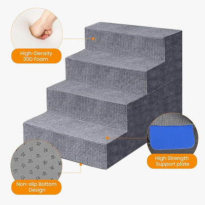 Niubya Dog Stairs for Small Dog, Dog Steps for High Beds and Couch,18”H Non-Slip Bottom Pet Stairs for Small Dogs and Cats,High-Density Foam Pet Steps Grey, 4 Steps