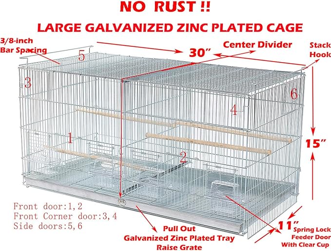 LOT of NO Rust Stainless Galvanized Zinc Plated Stackable Breeder Bird Flight Cage with Removable Center Divider and Breeding Nest Doors 30"x11"x15"H with Rolling Stand
