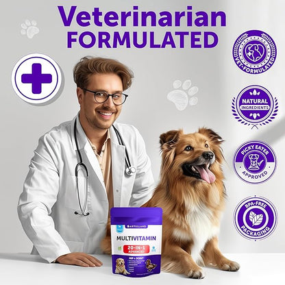 20 in 1 Dog Multivitamin with Glucosamine - Chewable Dog Vitamins and Supplements - Senior & Puppy Multivitamin Chews for Pet Hip & Joint Support, Immunity, Mobility, Skin, Digestion - 70 Soft Treats