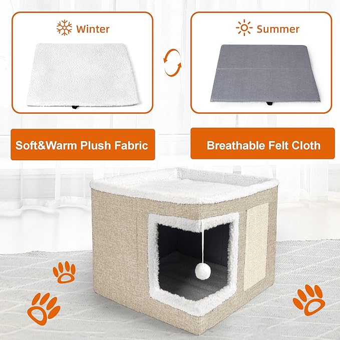 Cat Houses for Indoor Cats - Large Cat Bed Cave with Scratch Pad and Fluffy Ball, Foldable Cat Condo Hideaway with Reversible Cushion for Multi Small Pet, Khaki