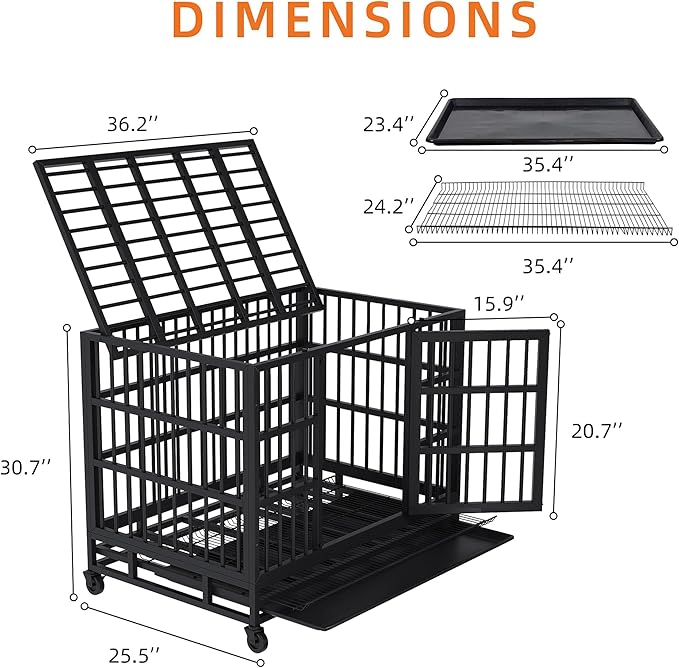 Shintenchi 38 inch Heavy Duty Crates for Large Dog, Indestructible and Escape-Proof Cage Kennel with Lockable Wheels, Double Door High Anxiety with Removable Tray, Black