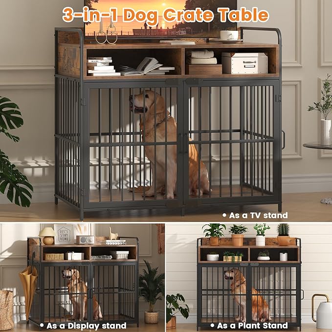 Semoic Large Dog Crate Furniture with Drawers Storage, Puppy Dog Kennel Indoor with Double Doors, Heavy Duty Wooden Dog Cage Table, Sturdy Metal, Rustic Brown