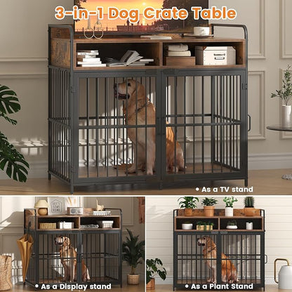 Semoic Large Dog Crate Furniture with Drawers Storage, Puppy Dog Kennel Indoor with Double Doors, Heavy Duty Wooden Dog Cage Table, Sturdy Metal, Rustic Brown